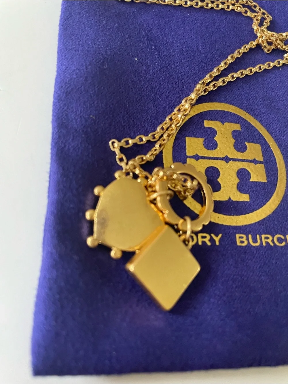Tory Burch Gold Necklace with Blue Heart and Green Enamel Square Charms